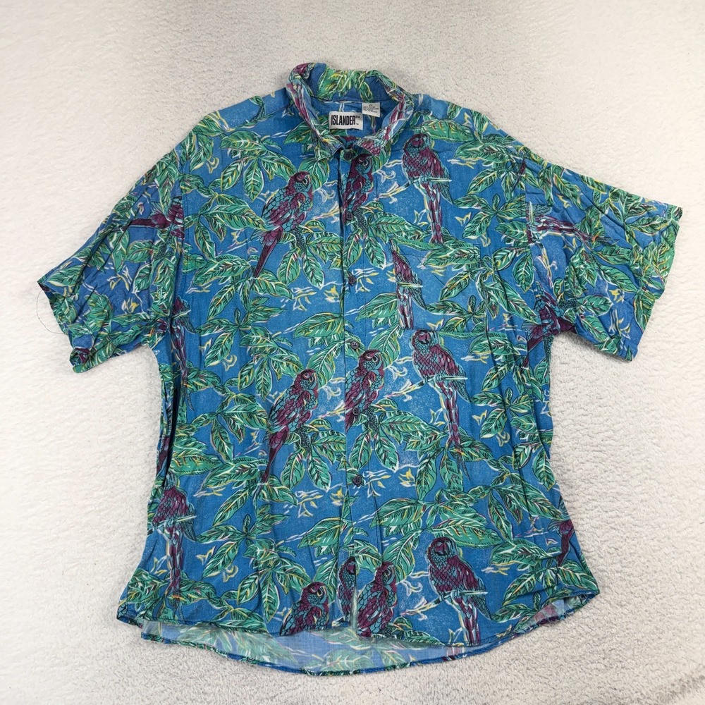 Vintage Islander 2X Abstract Floral Parrots Short Sleeve Button Front Shirt Blue